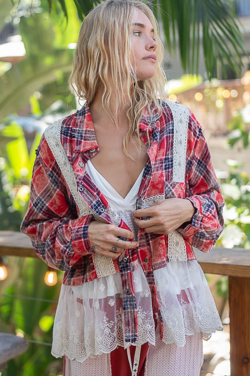 Balloon sleeve lace contrast plaid shirt