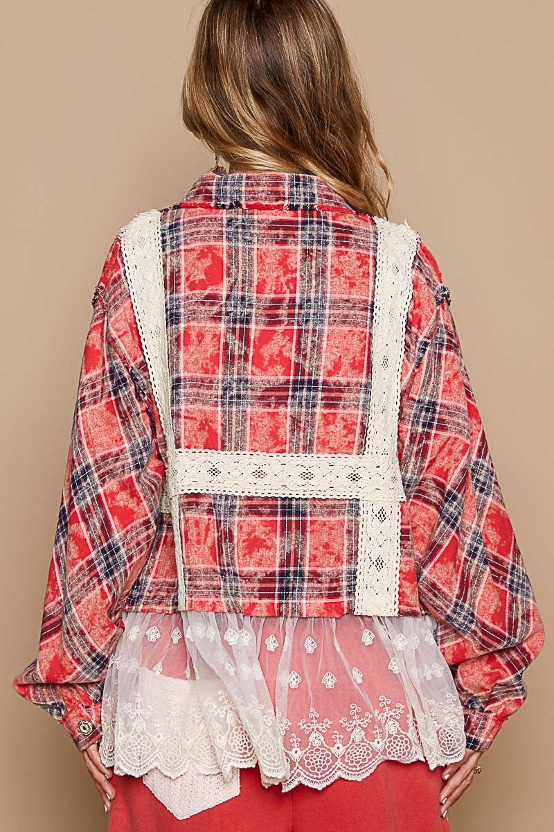 Balloon sleeve lace contrast plaid shirt