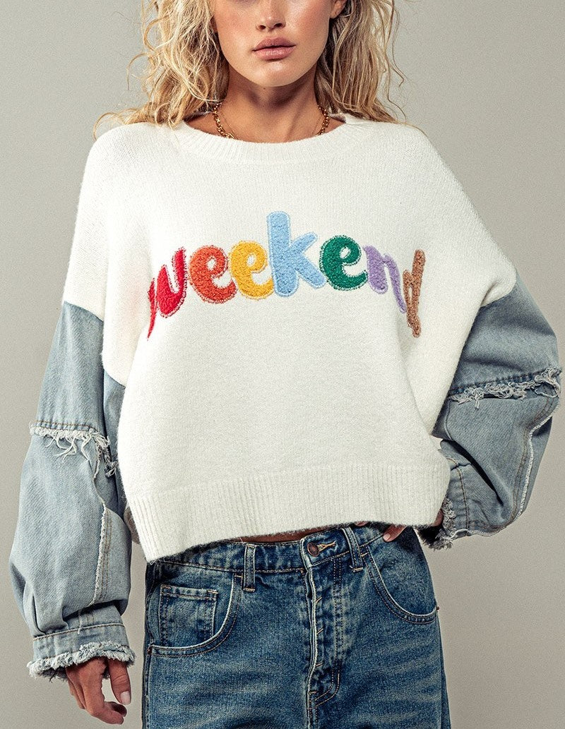Weekenders Denim Sleeve Knit Sweater