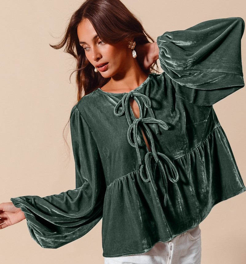 Spaghetti Strap Front Tie Velvet Blouse