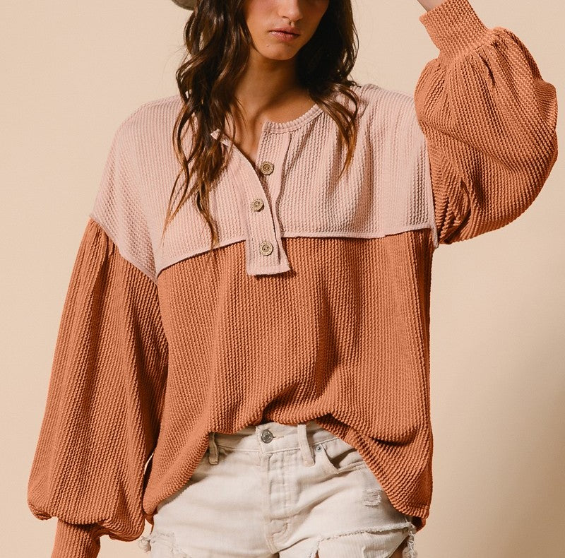 2Tone Rib Buttoned Color Block Top