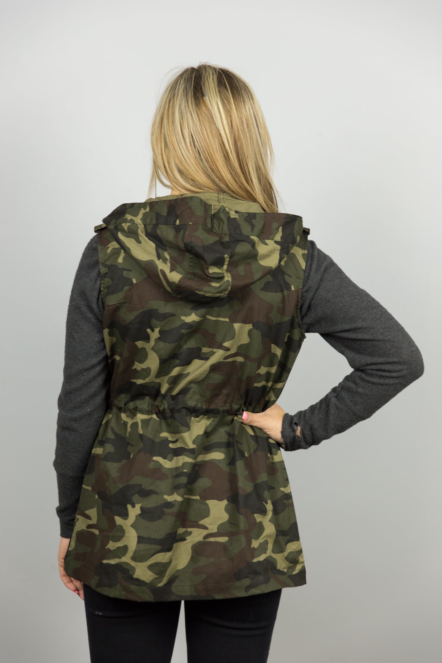 Camouflage Drawstring Waist Military Hoodie Vest