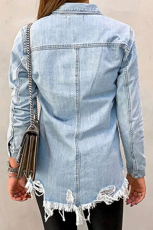 Distressed single pocket button down denim top