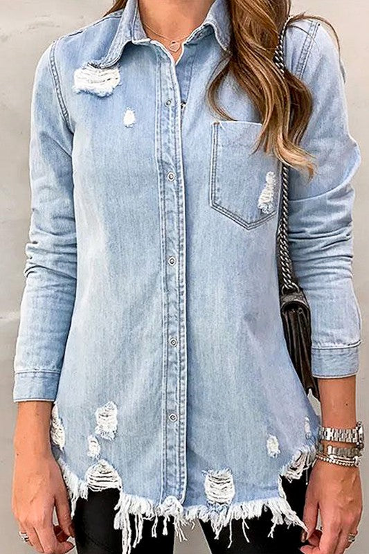 Distressed single pocket button down denim top