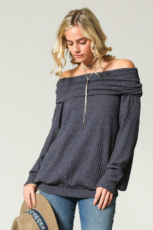 Navy Off the Shoulder Ribbed Pullover