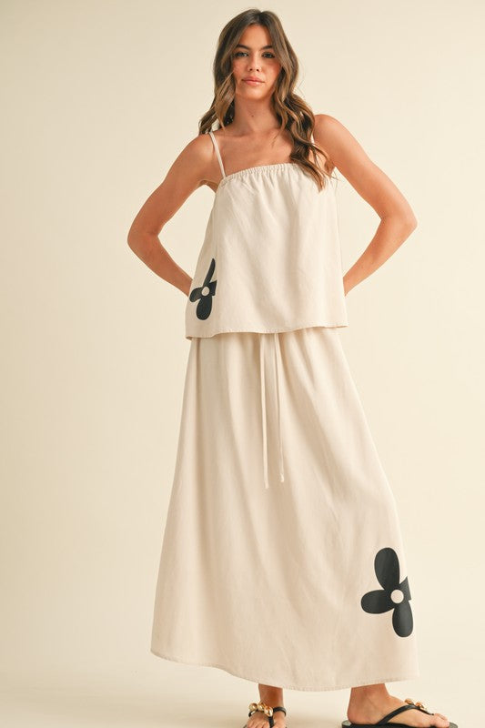 Floral Print Linen Flared Tank And Midi Skirt Set