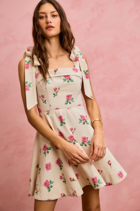 Floral Rose Cotton Twill Shoulder Tie Mini Dress