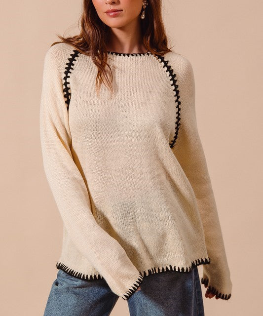 Contrast Blanket Stitch Raglan Sweater