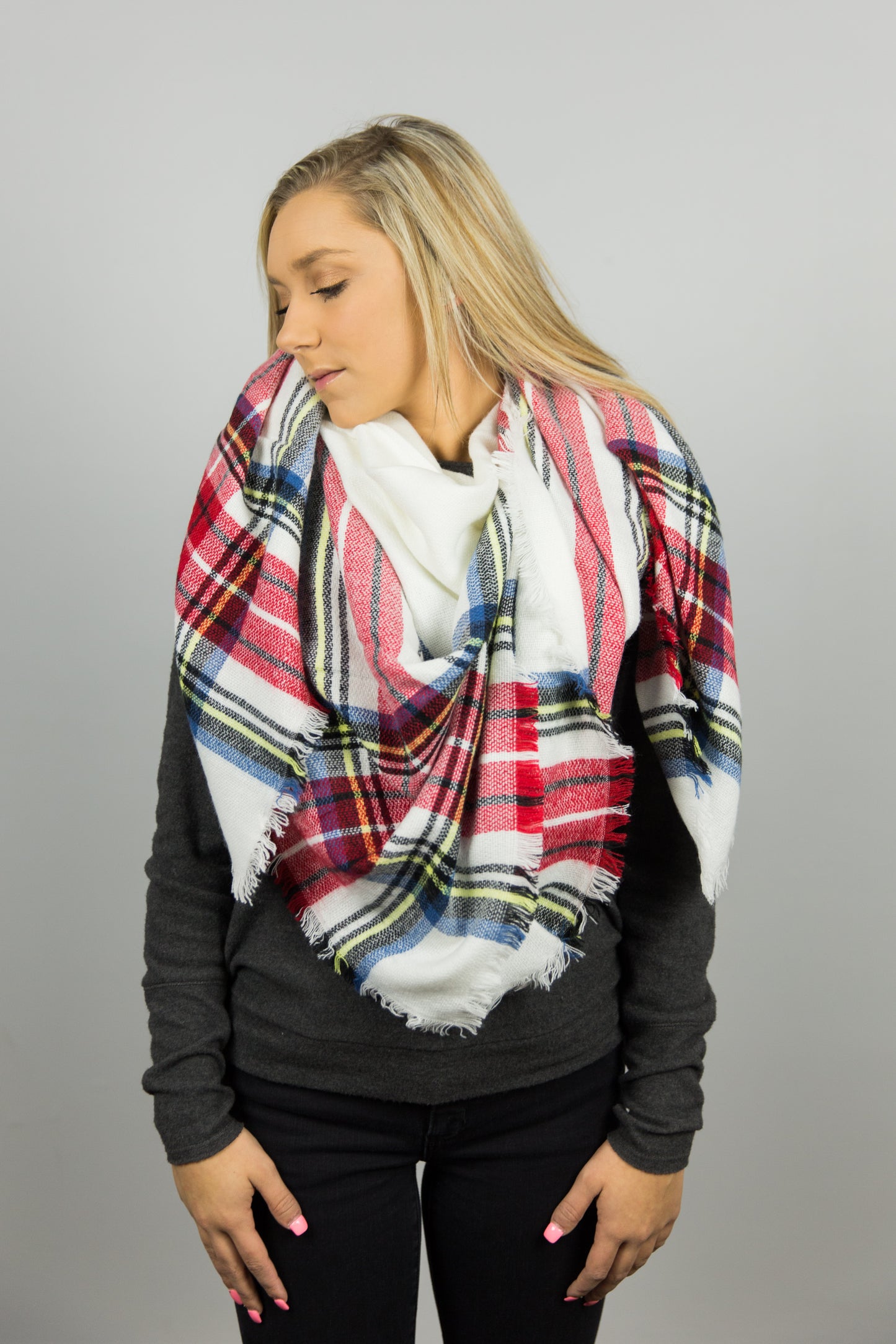 Red Plaid Frayed Oversized Scarf
