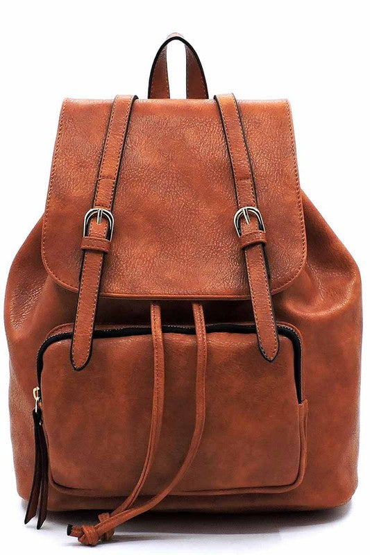 Fashion Belted Flap Backpack Faux vegan leather Drawstring closure