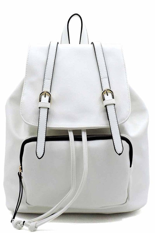 Fashion Belted Flap Backpack Faux vegan leather Drawstring closure