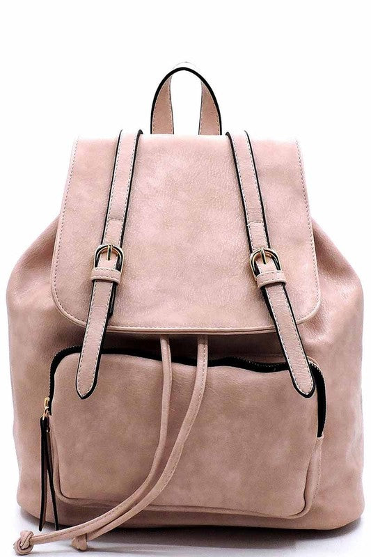Fashion Belted Flap Backpack Faux vegan leather Drawstring closure