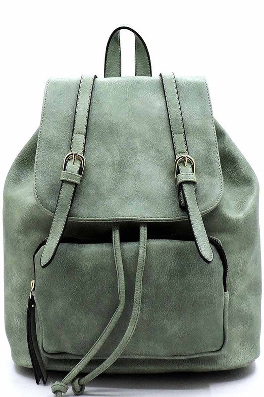 Fashion Belted Flap Backpack Faux vegan leather Drawstring closure