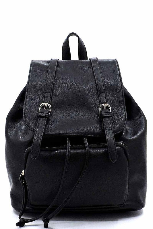 Fashion Belted Flap Backpack Faux vegan leather Drawstring closure