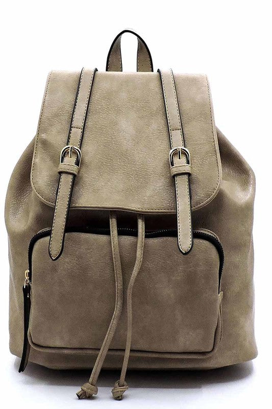 Fashion Belted Flap Backpack Faux vegan leather Drawstring closure