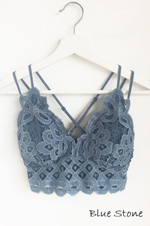 Beautiful crochet lace bralette in blue stone