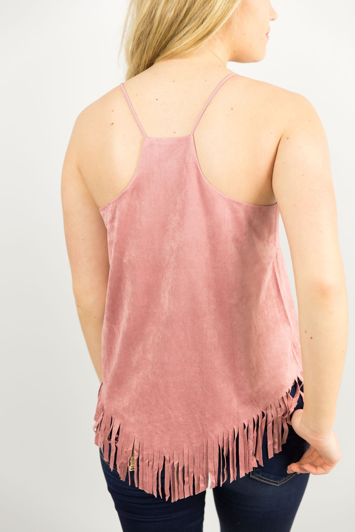 Suede Strap Tank with Fringe Hem