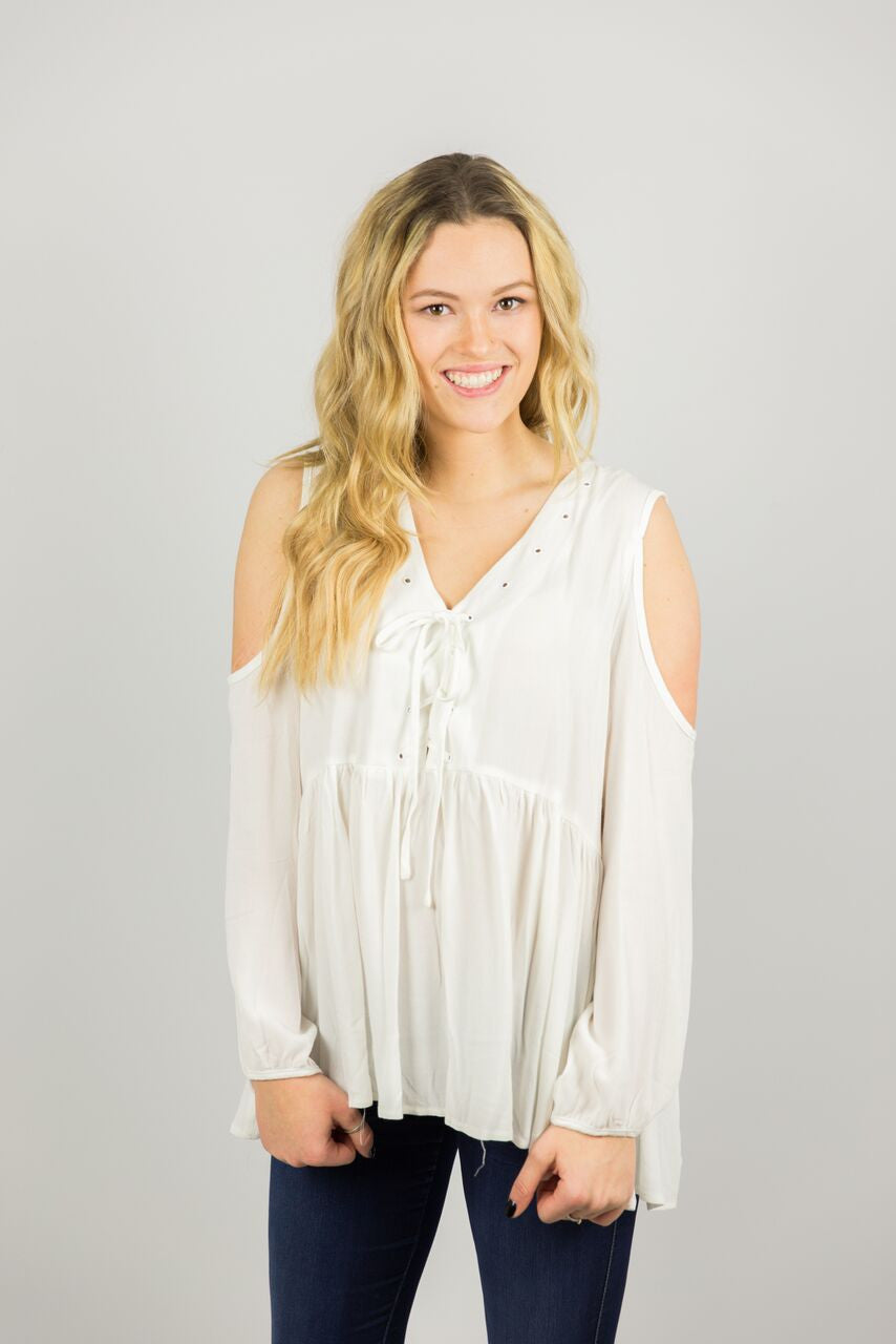 Long Sleeve Cold Shoulder Top with Lace up Front